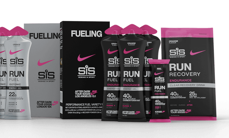 Running Insights fuel and hydration products for athletes, featuring Nike branding and various energy gels and drinks packages.
