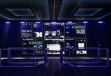 Futuristic indoor running track with digital screens displaying race times and stats, illuminated by blue and purple LED lights.