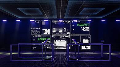 Futuristic indoor running track with digital screens displaying race times and stats, illuminated by blue and purple LED lights.