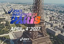 Aerial view of Paris with the Eiffel Tower and cityscape, promoting the ASICS Marathon de Paris on April 4th, 2027.