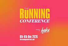 Promotional poster for The Running Conference 2026 featuring vibrant pink and orange background with event details and logo.