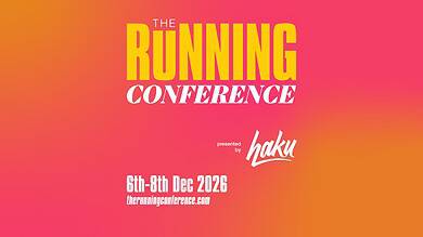 Promotional poster for The Running Conference 2026 featuring vibrant pink and orange background with event details and logo.