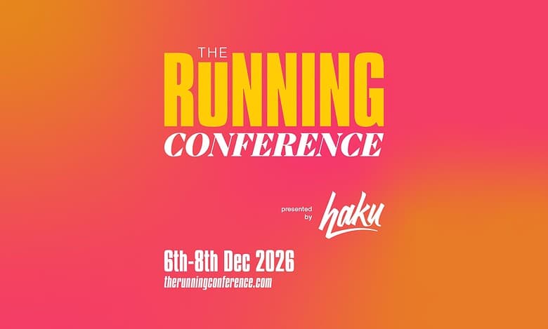 Promotional poster for The Running Conference 2026 featuring vibrant pink and orange background with event details and logo.