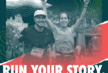 Two runners celebrate at a city race with bold text 'RUN YOUR STORY. RUN YOUR CITY.' in a vibrant, teal and red promotional design.
