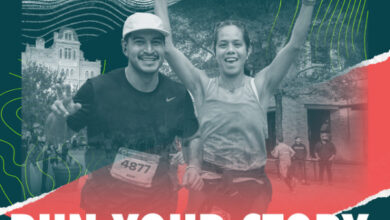 Two runners celebrate at a city race with bold text 'RUN YOUR STORY. RUN YOUR CITY.' in a vibrant, teal and red promotional design.