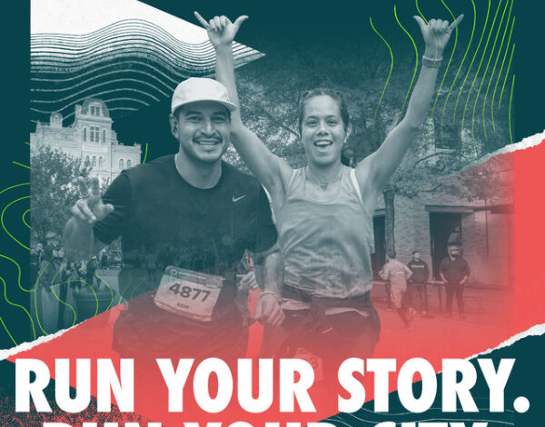 Two runners celebrate at a city race with bold text 'RUN YOUR STORY. RUN YOUR CITY.' in a vibrant, teal and red promotional design.