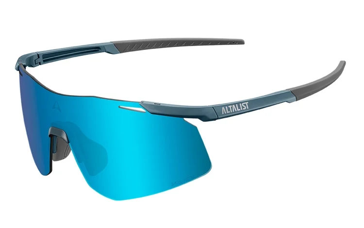High-performance blue sports sunglasses with sleek design, ideal for runners and outdoor athletes, featuring advanced UV protection and lightweight frame.