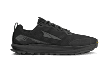 Black trail running shoe with durable sole and lightweight design, ideal for outdoor running and trail adventures.