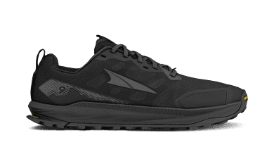 Black trail running shoe with durable sole and lightweight design, ideal for outdoor running and trail adventures.