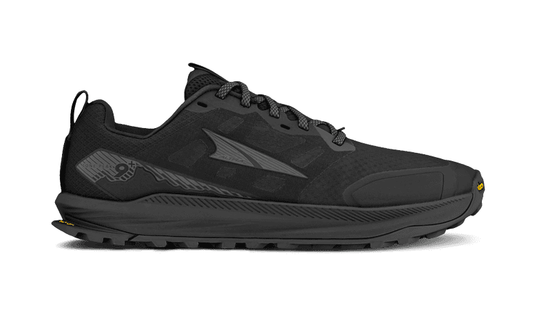 Black trail running shoe with durable sole and lightweight design, ideal for outdoor running and trail adventures.
