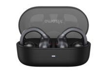 Amazfit Up Open-Ear Earbuds shown in their charging case, designed for running and active use, offering open-ear audio without blocking out the environment.