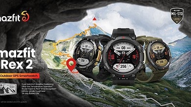 Amazfit T-Rex 2 rugged GPS smartwatch display on a mountain trail with three models showcased, emphasizing outdoor navigation and durability.