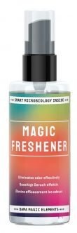 Magic Freshener spray bottle from Running Insights with vibrant label and dropper cap, designed for air freshening and odor control.