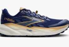 Brooks Cascadia trail running shoes in navy blue with beige and gold accents, designed for outdoor trail running and stability.