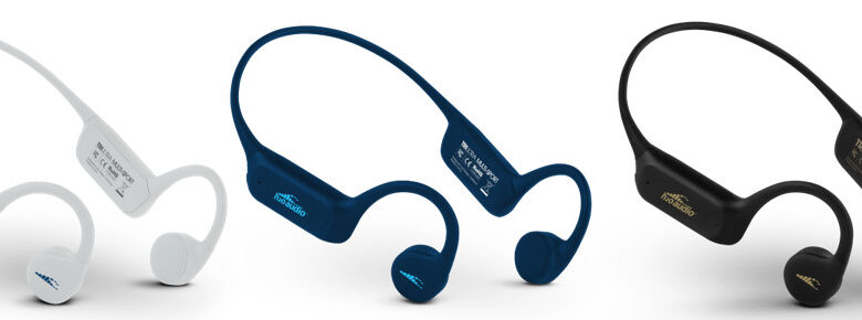 Wireless headphones in white, blue, and black, designed for runners, with ergonomic fit and sweat-resistant features, ideal for running and fitness activities.