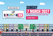Promotional poster for the Kensington 10K running event on Sunday, 7 March 2027, featuring cityscape and runners, with entry details and early bird pricing.
