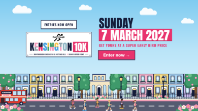 Promotional poster for the Kensington 10K running event on Sunday, 7 March 2027, featuring cityscape and runners, with entry details and early bird pricing.