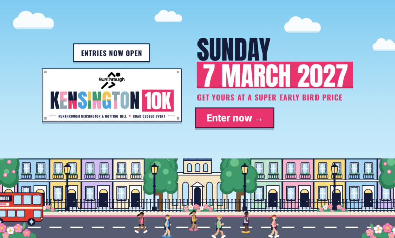 Promotional poster for the Kensington 10K running event on Sunday, 7 March 2027, featuring cityscape and runners, with entry details and early bird pricing.