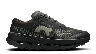 High-performance black trail running shoe with durable sole and breathable mesh, designed for runners seeking comfort and support on rugged terrains.