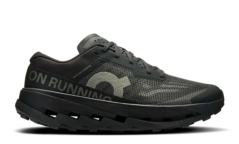 High-performance black trail running shoe with durable sole and breathable mesh, designed for runners seeking comfort and support on rugged terrains.