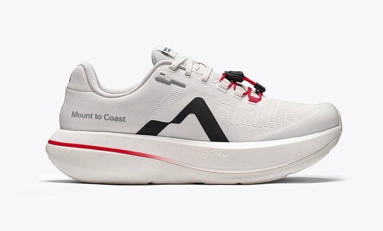 White Mount to Coast Women's C1 running shoe with black and red accents, designed for comfort and performance.