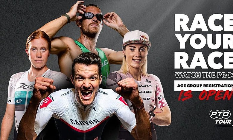 Group of cyclists and runners in athletic gear with bold.