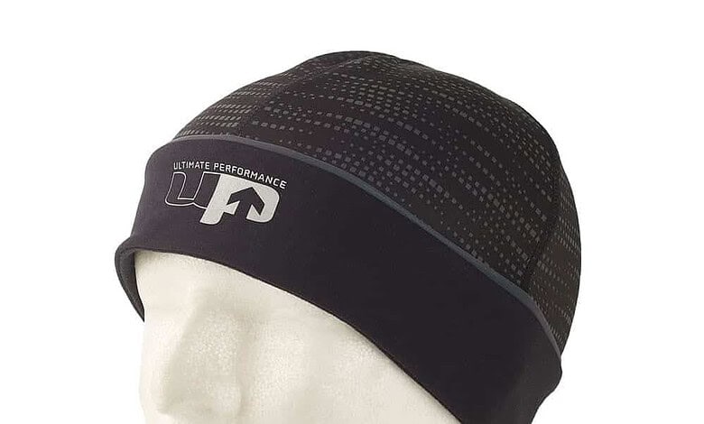 Black swimming cap with dotted pattern and UP logo, designed for performance running and training.