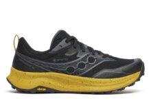 Saucony Peregrine 16 GTX trail running shoe with waterproof Gore-Tex membrane and Vibram sole, designed for wet and rugged terrain.