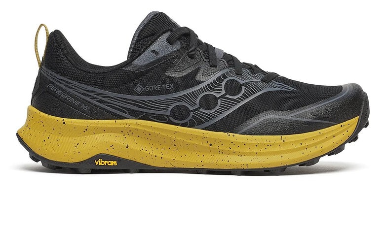 Saucony Peregrine 16 GTX trail running shoe with waterproof Gore-Tex membrane and Vibram sole, designed for wet and rugged terrain.