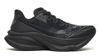 Saucony Endorphin Azura running shoe in black with textured mesh upper and chunky sole, designed for performance and comfort.