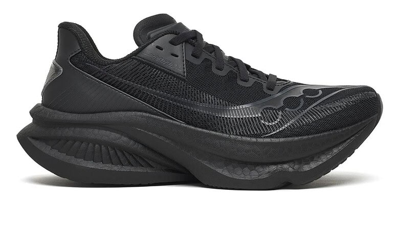 Saucony Endorphin Azura running shoe in black with textured mesh upper and chunky sole, designed for performance and comfort.