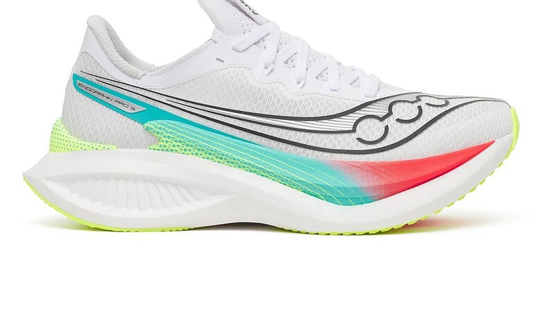 Saucony Endorphin Pro 5 running shoe in white with teal, lime, and coral accents, mid-sole geometry visible.