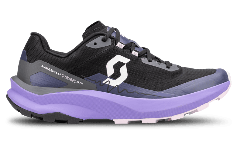 Scott Kinabalu Trail GTX running shoe in black and purple with trail-ready design and durable sole for outdoor running.