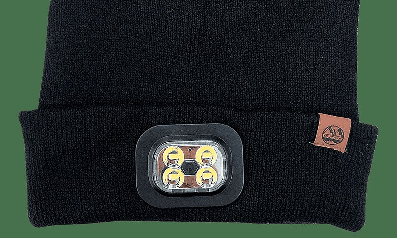 Black knit beanie with a mounted rectangular LED headlamp, designed for hands-free illumination during outdoor running.