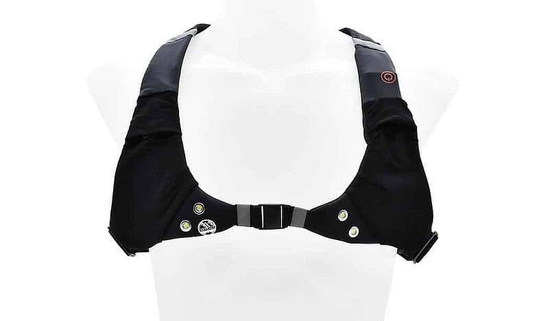 Black running vest with front buckle adjustment and reflective panels, designed for runners to carry essentials. Lightweight aerodynamic harness from Running Insights.