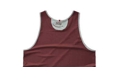Maroon running vest with white trim, designed for track and field athletes, featuring the year 2026 and Tracksmith branding.