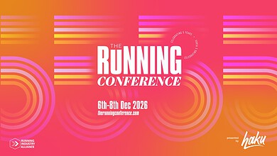 The Running Conference banner featuring vibrant orange, pink, and purple gradient with circular patterns and the text The Running Conference, 6th-9th Dec 2026.