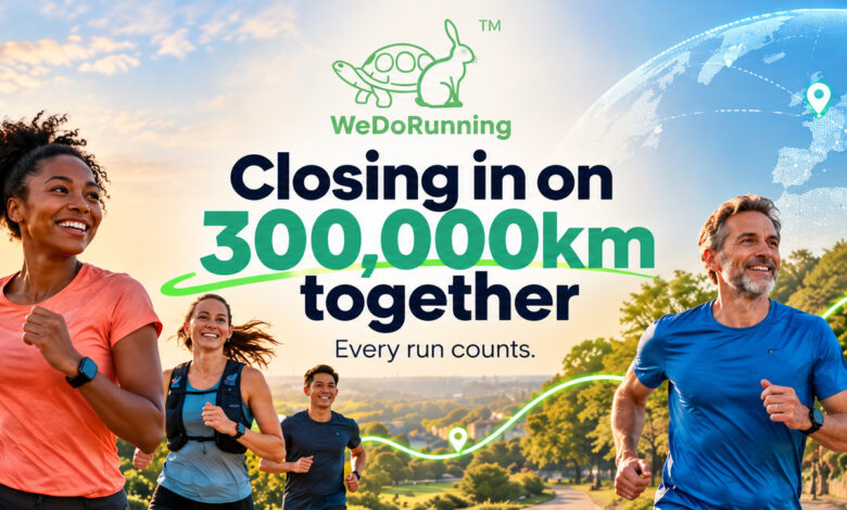 Group of diverse runners participating in a running event with a city skyline and a digital globe in the background, promoting community and global running efforts.
