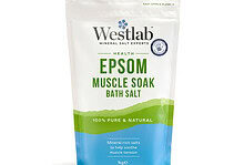 Westlab Epsom Muscle Soak Bath Salt pouch with blue bottom, white top, and green label indicating 100% pure and natural mineral-rich salts.