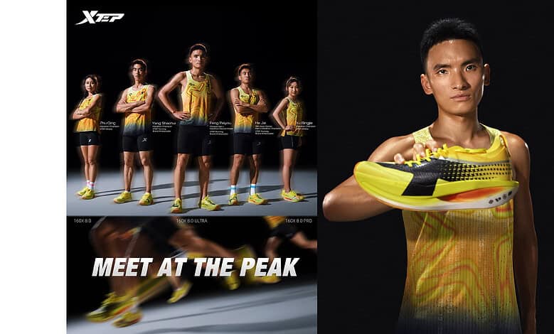 Young male athlete showcasing yellow and black running shoes for performance and style, with a professional studio background.