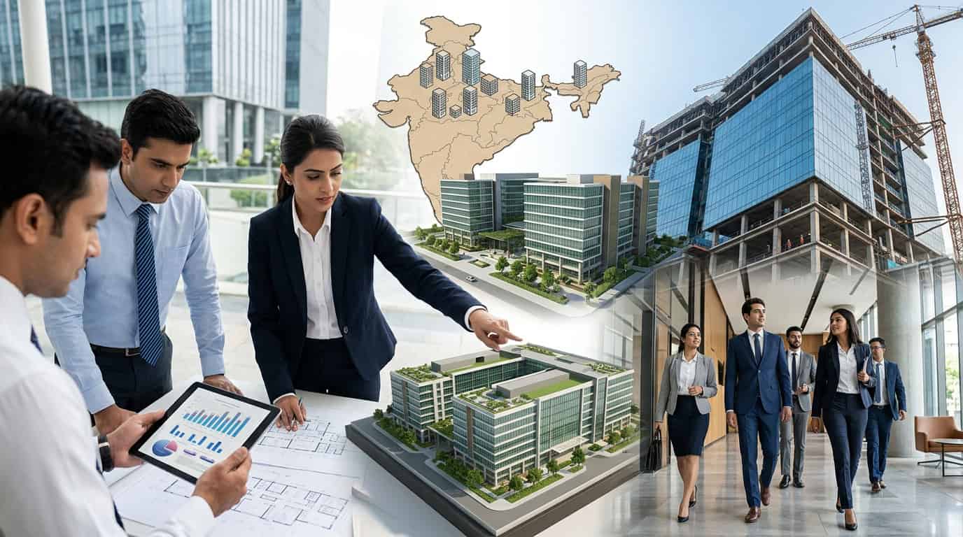 भारतातील व्यावसायिक कार्यालय इमारतीचे दृश्य दर्शवणारे छायाचित्र