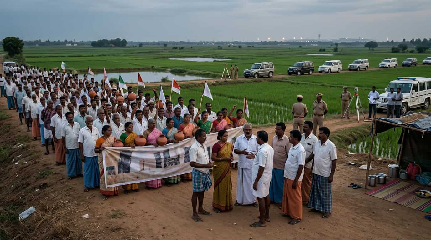 परंदूर विमानतळ प्रकल्पस्थळी शेतकऱ्यांचे आंदोलन आणि जमीन संपादन विरोध