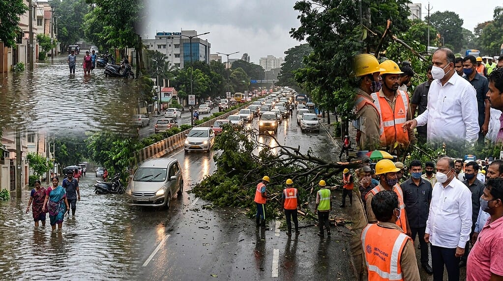 बंगळुरूतील मुसळधार पावसामुळे रस्त्यावर साचलेले पाणी आणि वाहतूक कोंडी