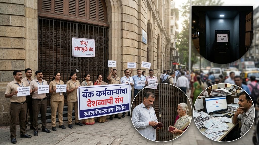 देशव्यापी बँक संपामुळे बंद असलेली बँक शाखा आणि रांगेत उभे ग्राहक