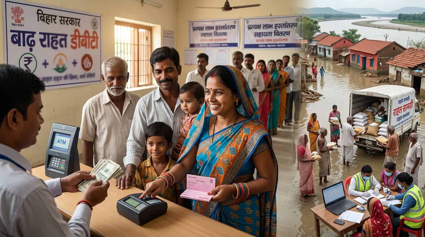 बिहार पूरग्रस्त कुटुंबांना बँक खात्यात मदत निधी वाटप करताना नितीश कुमार