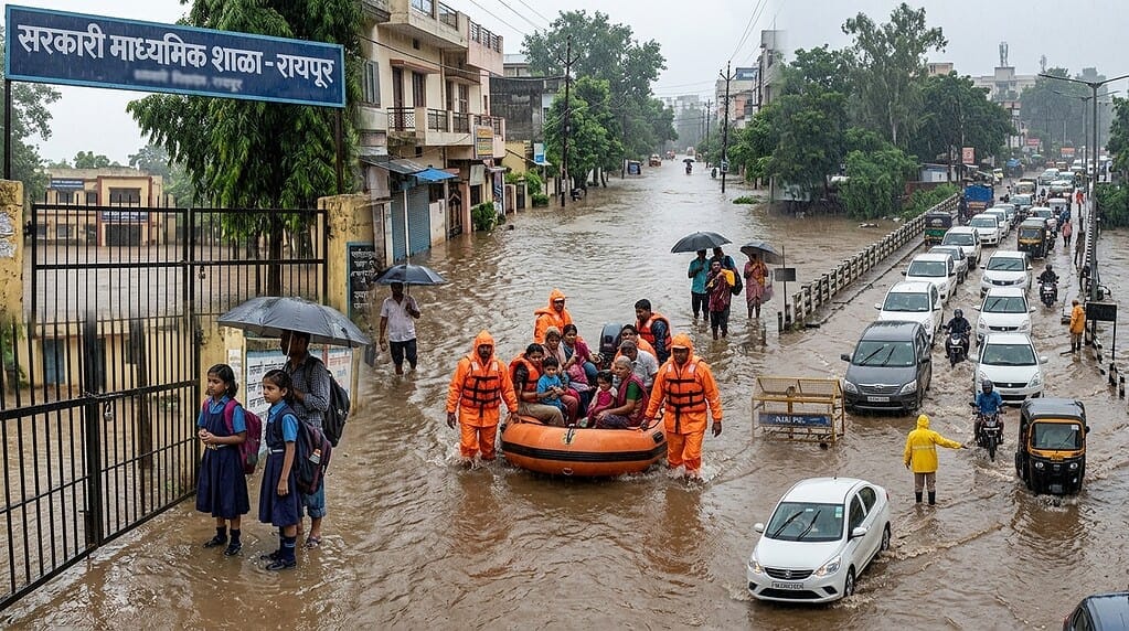 छत्तीसगडमधील पूरस्थिती आणि शाळा बंद असल्याचे दर्शवणारे छायाचित्र