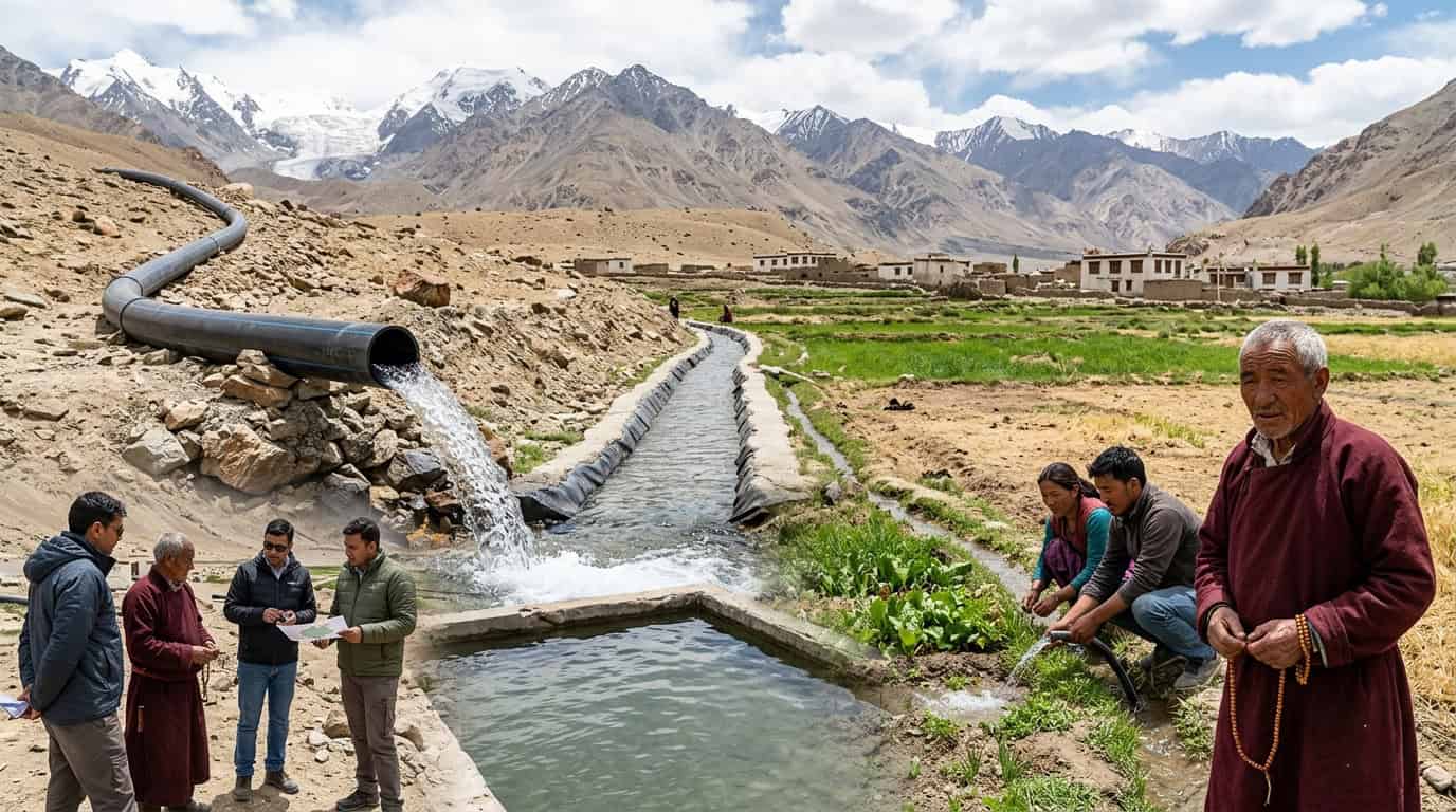 लडाखमधील कुलुम गावात हिमनदीच्या पाण्याचा नळमार्ग आणि शेती सिंचन दृश्य