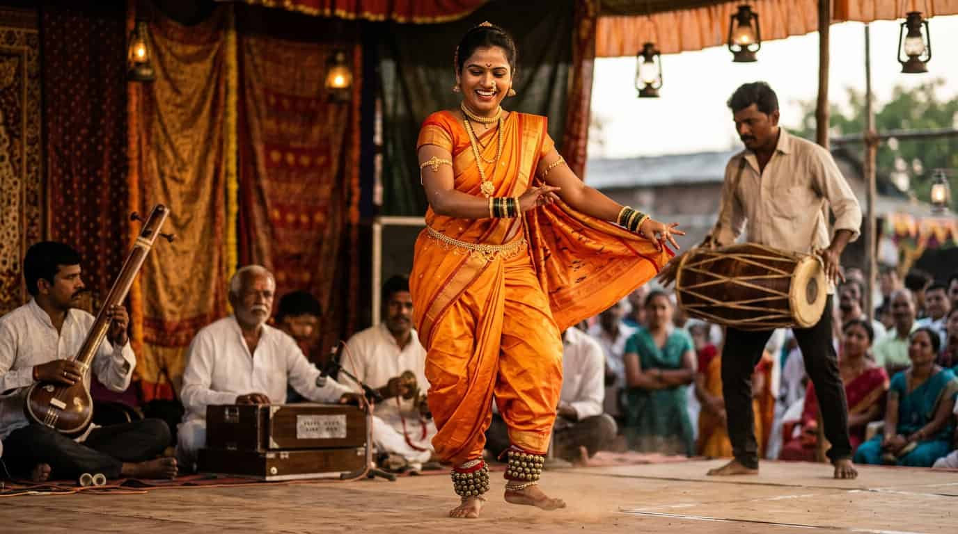 पारंपरिक नऊवारी साडीतील लावणी नृत्यांगना ढोलकीच्या तालावर सादरीकरण करताना