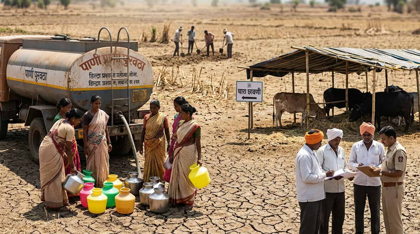 महाराष्ट्रातील दुष्काळग्रस्त भागातील कोरडे शेत आणि पाणी टंचाई दर्शवणारे दृश्य