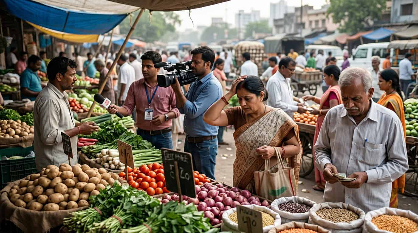 भारतातील किरकोळ महागाई दर वाढ दर्शवणारी बाजारातील भाजीपाला विक्री
